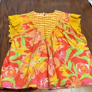 Anthropologie Colorful Floral Blouse with Eyelet Sleeves